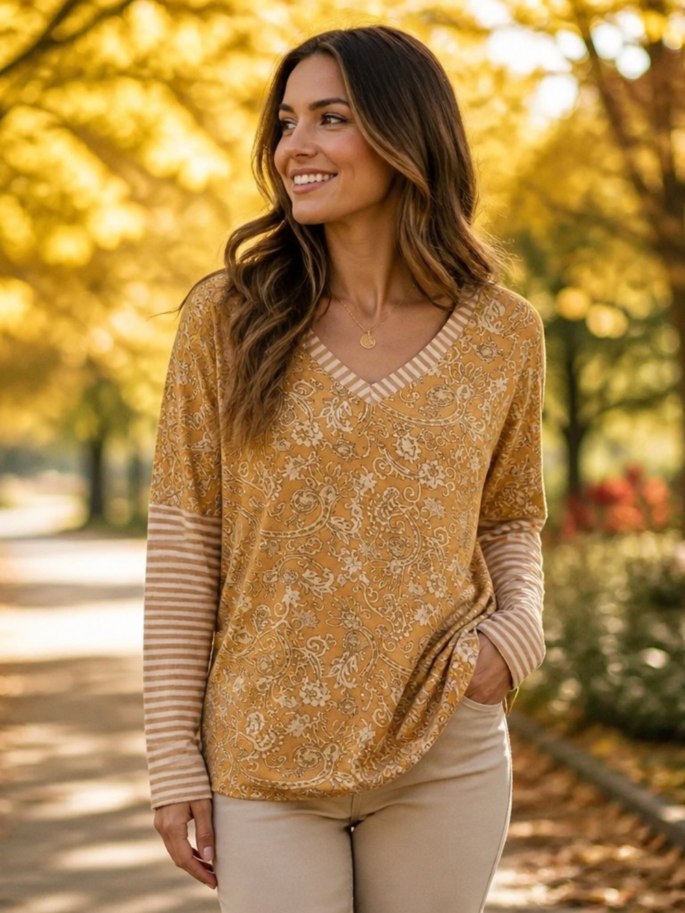 Sew In Love Mustard Paisley V-Neck Sweater with Striped Sleeves